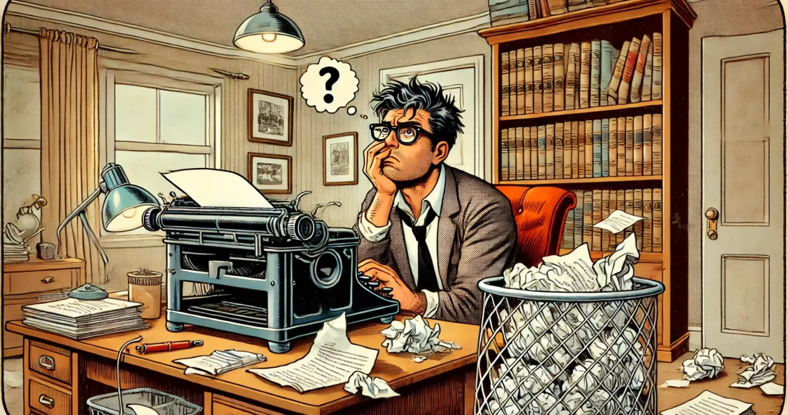 A slightly cluttered home office in vintage comic art style. A frustrated author looks up from his typewriter, surrounded by discarded drafts